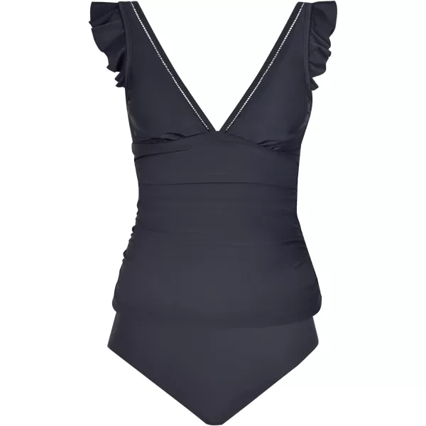 imageCUPSHE Womens Tankini Sets Two Piece Swimsuit V Neck Ruffled Ruched Tummy Control Ladder Trim XS4XLDark Grey