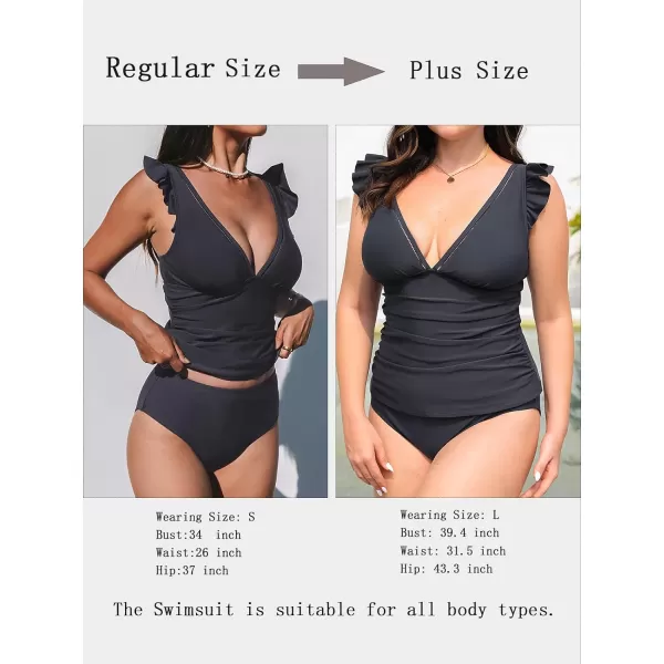 imageCUPSHE Womens Tankini Sets Two Piece Swimsuit V Neck Ruffled Ruched Tummy Control Ladder Trim XS4XLDark Grey