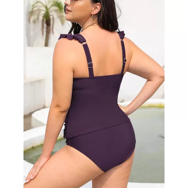 imageCUPSHE Womens Tankini Sets Two Piece Swimsuit V Neck Ruffled Ruched Tummy Control Ladder Trim XS4XLDark Purple