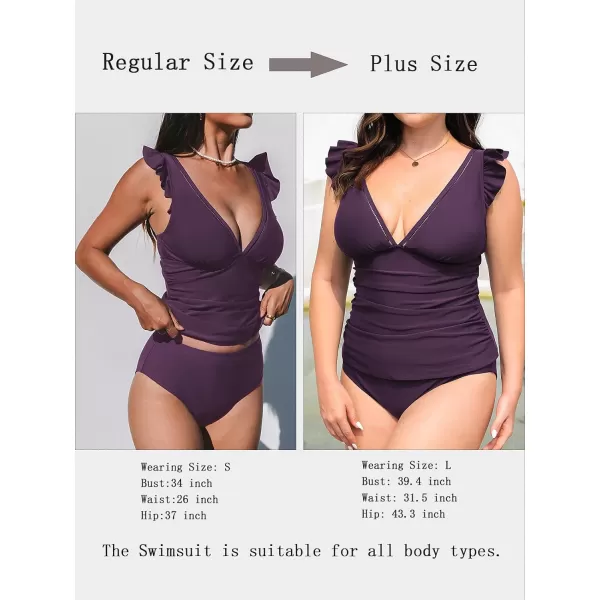 imageCUPSHE Womens Tankini Sets Two Piece Swimsuit V Neck Ruffled Ruched Tummy Control Ladder Trim XS4XLDark Purple