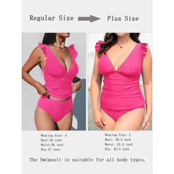 imageCUPSHE Womens Tankini Sets Two Piece Swimsuit V Neck Ruffled Ruched Tummy Control Ladder Trim XS4XLHot Pink