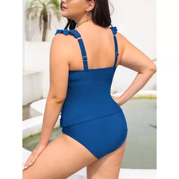 imageCUPSHE Womens Tankini Sets Two Piece Swimsuit V Neck Ruffled Ruched Tummy Control Ladder Trim XS4XLNavy Blue