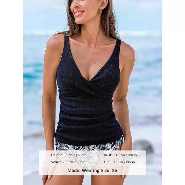imageCUPSHE Womens Tankini Sets Two Piece Swimsuits Deep V Neck Plunging Mid Rise Twisted Adjustable StrapsMidnight BlueFloral