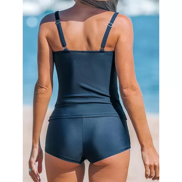 imageCUPSHE Womens Tankini Sets Two Piece Swimsuits High Waisted Boy Shorts V Neck Adjustable Straps Ruched WrapNavy Blue