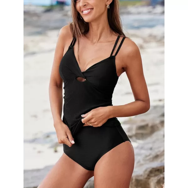 imageCUPSHE Womens Tankini Sets Two Piece Swimsuits High Waisted Twisted Cutout Textured V NeckBlack