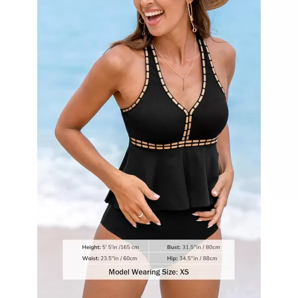 imageCUPSHE Womens Tankini Sets Two Piece Swimsuits High Waisted V Neck Ribbed Texture Adjustable Straps RuffledBlack