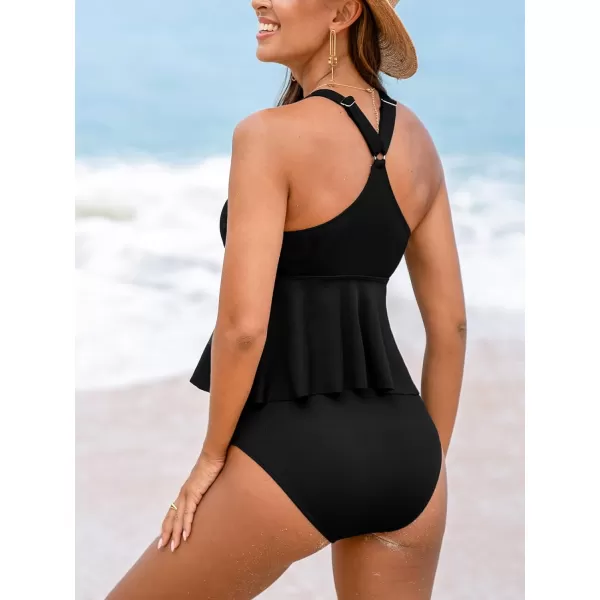 imageCUPSHE Womens Tankini Sets Two Piece Swimsuits High Waisted V Neck Ribbed Texture Adjustable Straps RuffledBlack