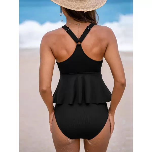 imageCUPSHE Womens Tankini Sets Two Piece Swimsuits High Waisted V Neck Ribbed Texture Adjustable Straps RuffledBlack