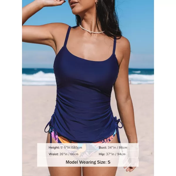 imageCUPSHE Womens Tankini Sets Two Piece Swimsuits Mid Rise Square Neck Adjustable Straps Ruched DrawstringNavy BlueTropical
