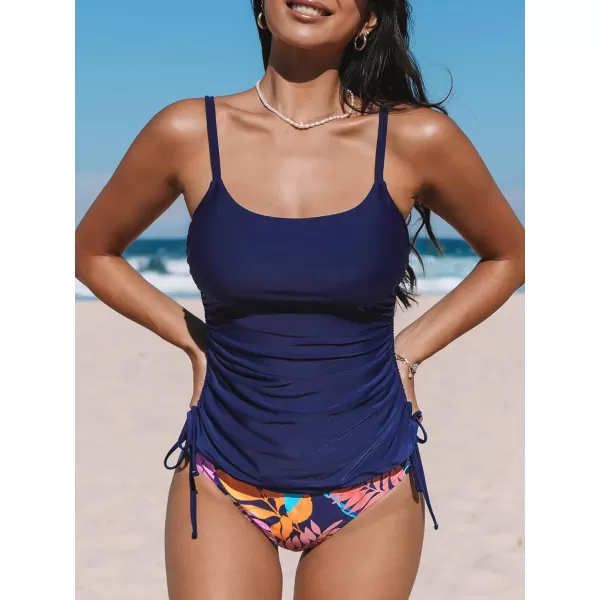 imageCUPSHE Womens Tankini Sets Two Piece Swimsuits Mid Rise Square Neck Adjustable Straps Ruched DrawstringNavy BlueTropical