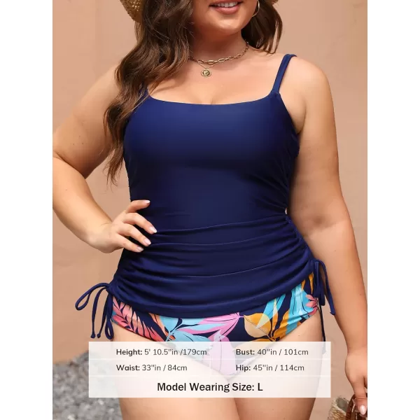 imageCUPSHE Womens Tankini Sets Two Piece Swimsuits Mid Rise Square Neck Adjustable Straps Ruched DrawstringPnavy BlueTropical