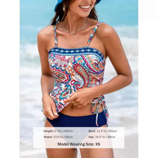imageCUPSHE Womens Tankini Sets Two Piece Swimsuits Square Neck Removable Straps Ruched Drawstring RibbedNavy BluePaisley
