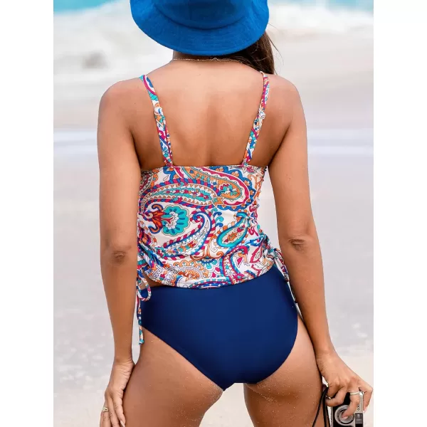 imageCUPSHE Womens Tankini Sets Two Piece Swimsuits Square Neck Removable Straps Ruched Drawstring RibbedNavy BluePaisley