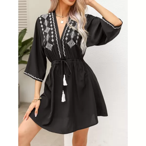 imageCUPSHE Womens Tassel Front Bathing Suit Cover Up Ruched Summer Beach Mini Dress with Ethnic PrintBlack