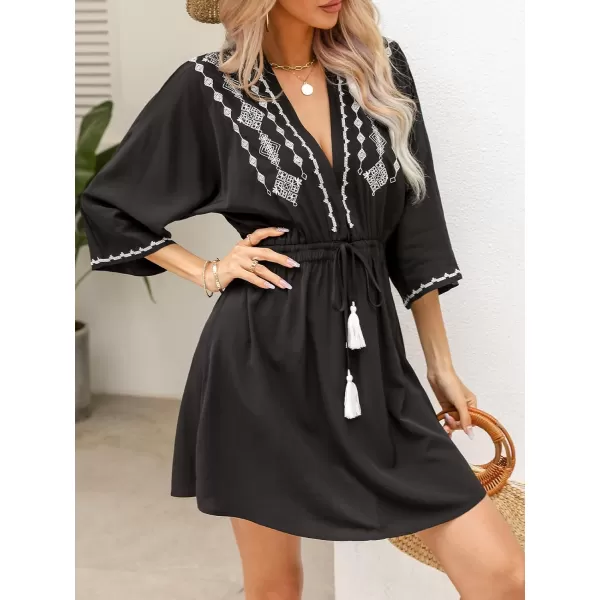 imageCUPSHE Womens Tassel Front Bathing Suit Cover Up Ruched Summer Beach Mini Dress with Ethnic PrintBlack