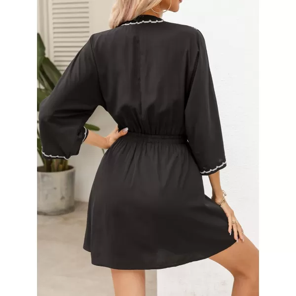 imageCUPSHE Womens Tassel Front Bathing Suit Cover Up Ruched Summer Beach Mini Dress with Ethnic PrintBlack