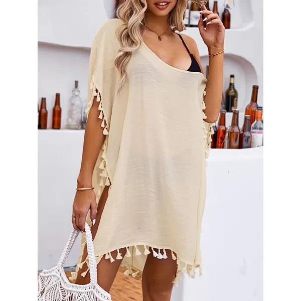 imageCUPSHE Womens Tassel Kaftan Cover Up Round Neck Half Sleeves Midi MeshBeige