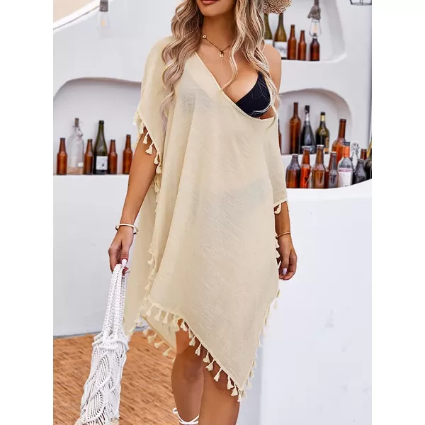 imageCUPSHE Womens Tassel Kaftan Cover Up Round Neck Half Sleeves Midi MeshBeige