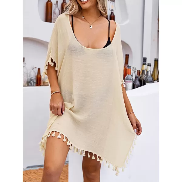 imageCUPSHE Womens Tassel Kaftan Cover Up Round Neck Half Sleeves Midi MeshBeige