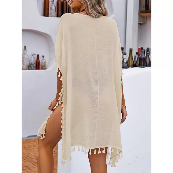 imageCUPSHE Womens Tassel Kaftan Cover Up Round Neck Half Sleeves Midi MeshBeige