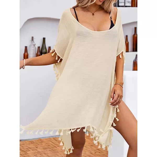 imageCUPSHE Womens Tassel Kaftan Cover Up Round Neck Half Sleeves Midi MeshBeige