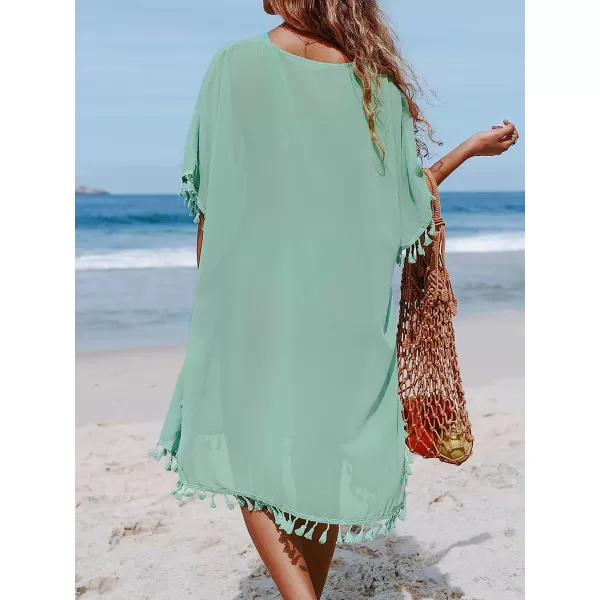 imageCUPSHE Womens Tassel Kaftan Cover Up Round Neck Half Sleeves Midi MeshGreen