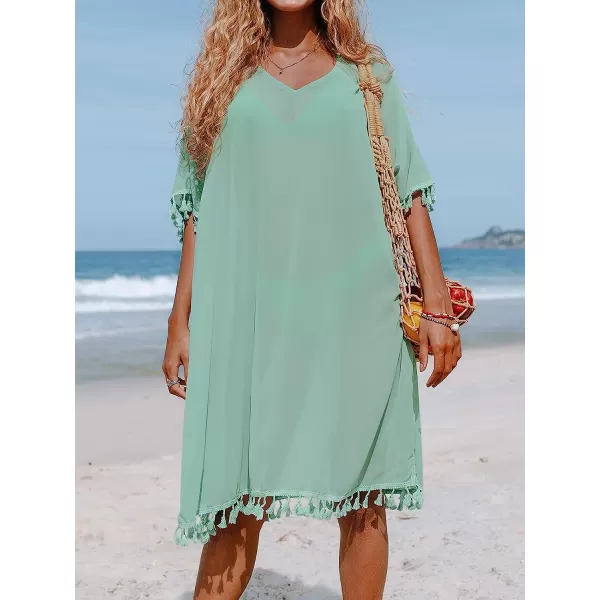 imageCUPSHE Womens Tassel Kaftan Cover Up Round Neck Half Sleeves Midi MeshGreen