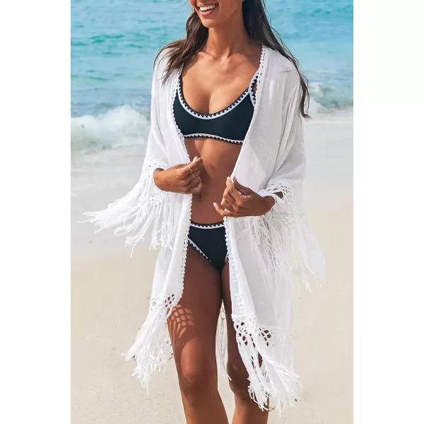 imageCUPSHE Womens Tassel Long Kimono Cardigans Beach Swimsuit Bikini Cover UpWhite