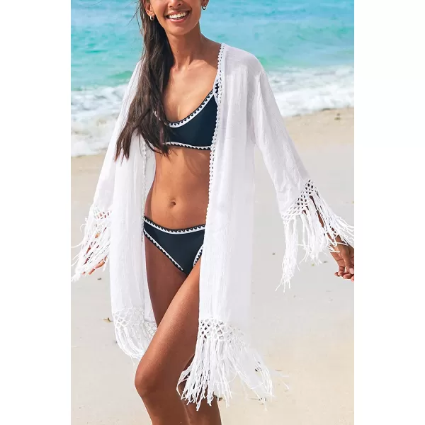 imageCUPSHE Womens Tassel Long Kimono Cardigans Beach Swimsuit Bikini Cover UpWhite