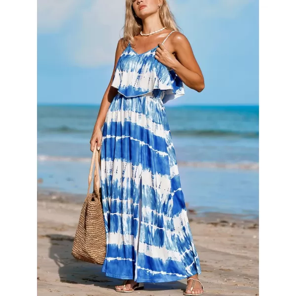 imageCUPSHE Womens Tie Dye Dress Smocked Waist Dresses Flounce Bodice Maxi Dress SleevelessBlue