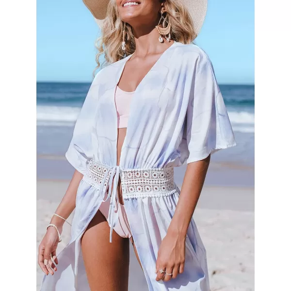 imageCUPSHE Womens Tie Dye Tie Waist Open Front Crochet Cut Out Short Sleeve Kimono Swimwear Cover UpBlue