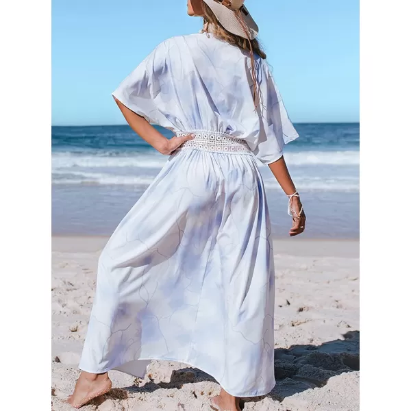imageCUPSHE Womens Tie Dye Tie Waist Open Front Crochet Cut Out Short Sleeve Kimono Swimwear Cover UpBlue