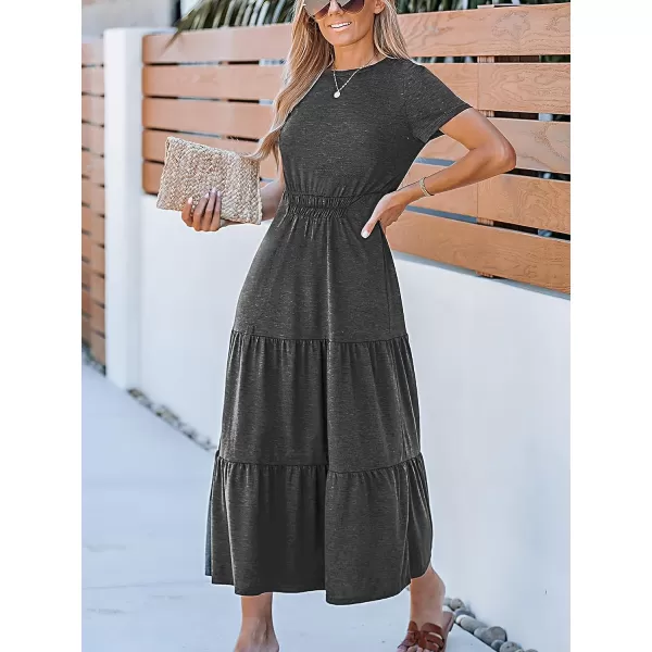imageCUPSHE Womens Tiered Hem Maxi Dress Short Sleeves Dresses Round Neck Dressing CasualDark Grey