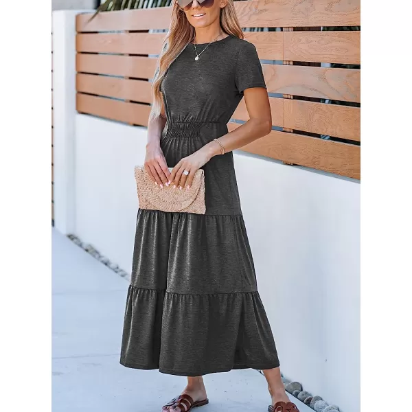 imageCUPSHE Womens Tiered Hem Maxi Dress Short Sleeves Dresses Round Neck Dressing CasualDark Grey