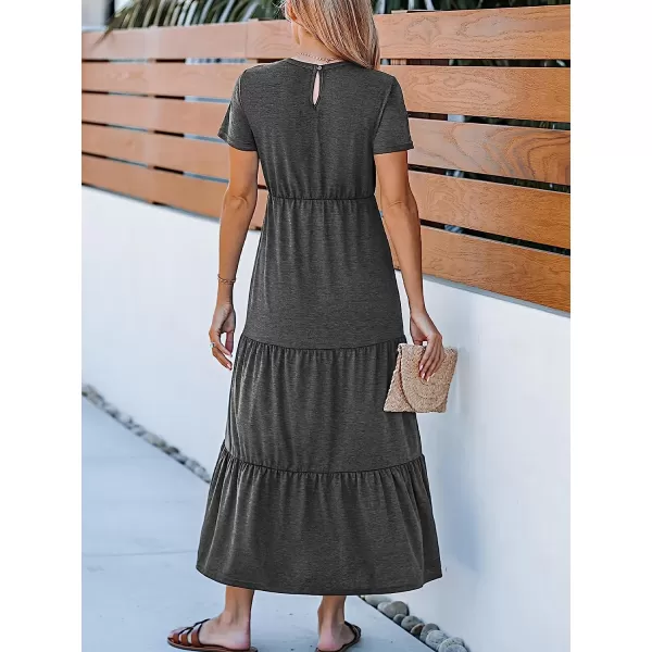 imageCUPSHE Womens Tiered Hem Maxi Dress Short Sleeves Dresses Round Neck Dressing CasualDark Grey