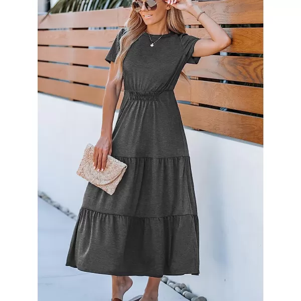 imageCUPSHE Womens Tiered Hem Maxi Dress Short Sleeves Dresses Round Neck Dressing CasualDark Grey