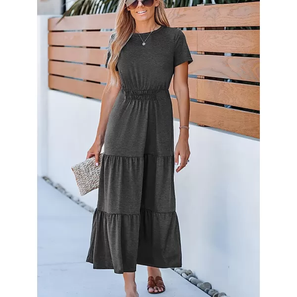 imageCUPSHE Womens Tiered Hem Maxi Dress Short Sleeves Dresses Round Neck Dressing CasualDark Grey