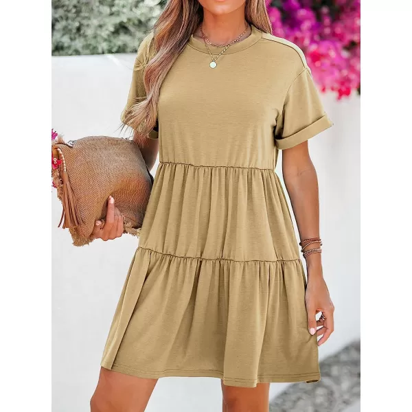 imageCUPSHE Womens Tiered Hem TShirt Dress Short Sleeves Crew Neck Dresses Casual SummerBrown