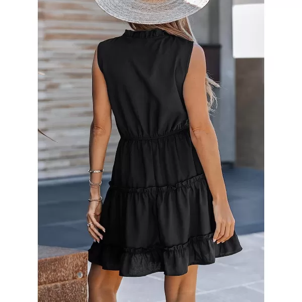imageCUPSHE Womens Tiered Ruffled Tie Neck Mini Dress Summer Dress Sleeveless A Line DressBlack