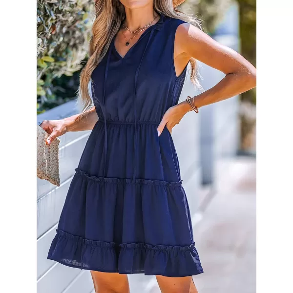 imageCUPSHE Womens Tiered Ruffled Tie Neck Mini Dress Summer Dress Sleeveless A Line DressNavy Blue