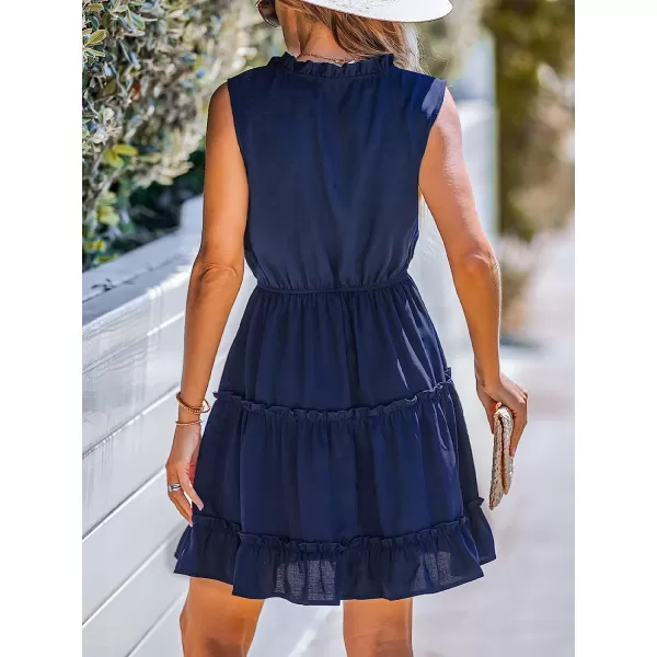 imageCUPSHE Womens Tiered Ruffled Tie Neck Mini Dress Summer Dress Sleeveless A Line DressNavy Blue