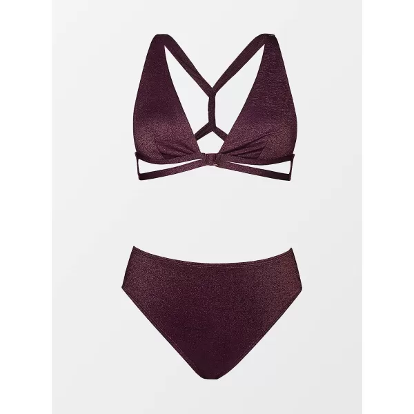 imageCUPSHE Womens Triangle Tops Cutouts Square Ring Deep V Neck Bikini SetsBurgundy Red