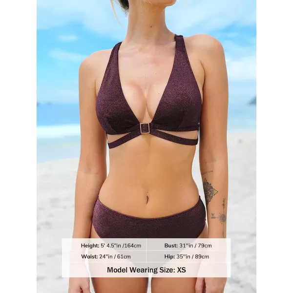 imageCUPSHE Womens Triangle Tops Cutouts Square Ring Deep V Neck Bikini SetsBurgundy Red