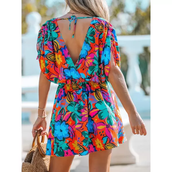 imageCUPSHE Womens Tropical Dresses V Neck Floral Loose Fit Elastic Waist Smocked Summer Mini Beach DressBlue Floral