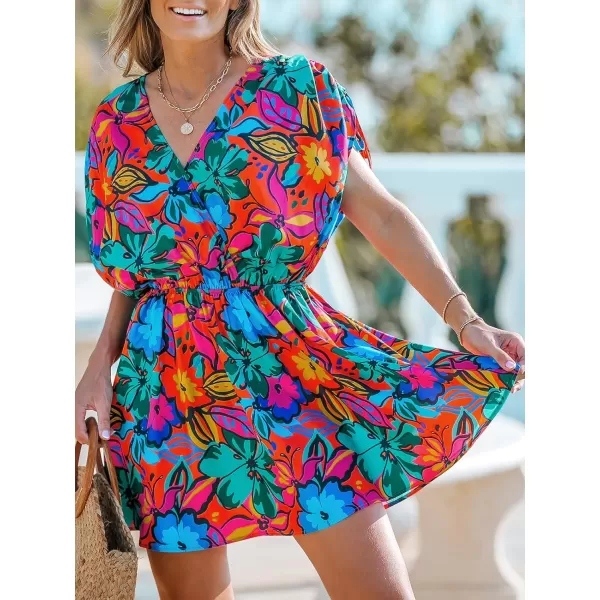 imageCUPSHE Womens Tropical Dresses V Neck Floral Loose Fit Elastic Waist Smocked Summer Mini Beach DressBlue Floral