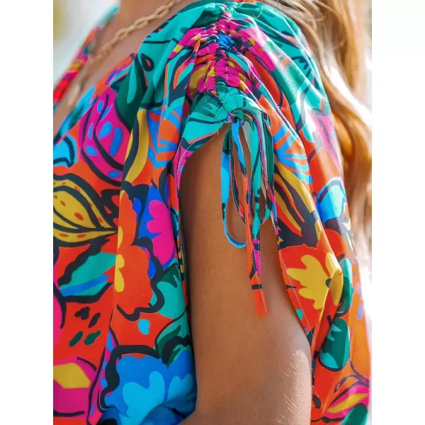 imageCUPSHE Womens Tropical Dresses V Neck Floral Loose Fit Elastic Waist Smocked Summer Mini Beach DressBlue Floral