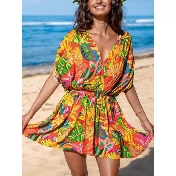 imageCUPSHE Womens Tropical Dresses V Neck Floral Loose Fit Elastic Waist Smocked Summer Mini Beach DressYellow Tropical