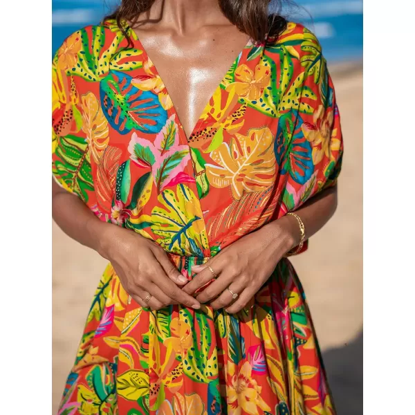 imageCUPSHE Womens Tropical Dresses V Neck Floral Loose Fit Elastic Waist Smocked Summer Mini Beach DressYellow Tropical