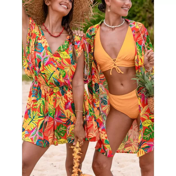 imageCUPSHE Womens Tropical Dresses V Neck Floral Loose Fit Elastic Waist Smocked Summer Mini Beach DressYellow Tropical