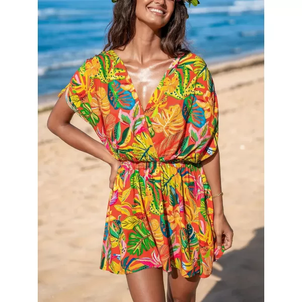 imageCUPSHE Womens Tropical Dresses V Neck Floral Loose Fit Elastic Waist Smocked Summer Mini Beach DressYellow Tropical
